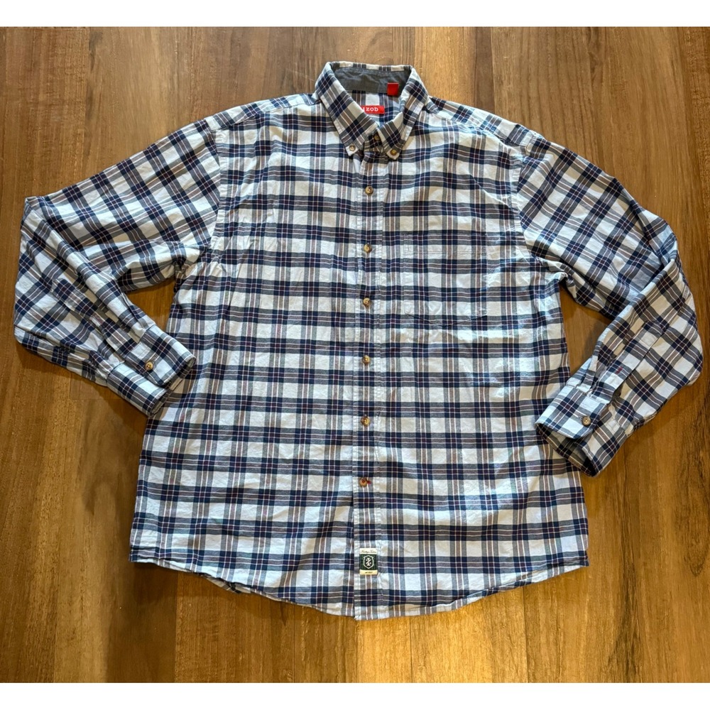 IZOD Heritage Tartan Mens Large Blue White Plaid Button Down Shirt 45FW213456
